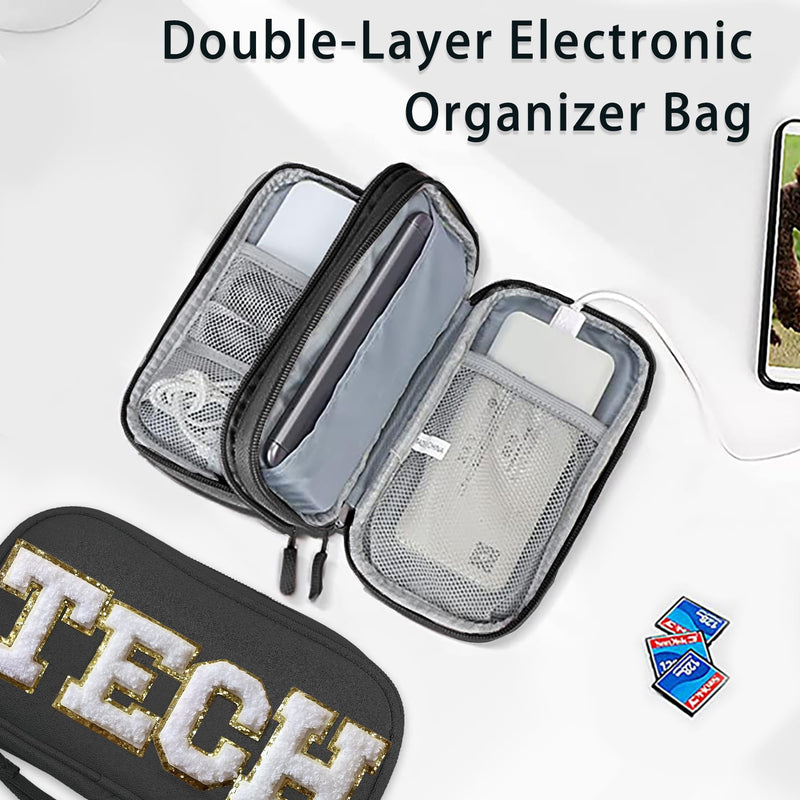 Small Electronics Organizer Travel Bag with Chenille Letter Patch TECH for Men Women Christmas Gift, Cord Charger Cable Traveling Accessory Pouch Essential Supply Storage Case (Black) Black