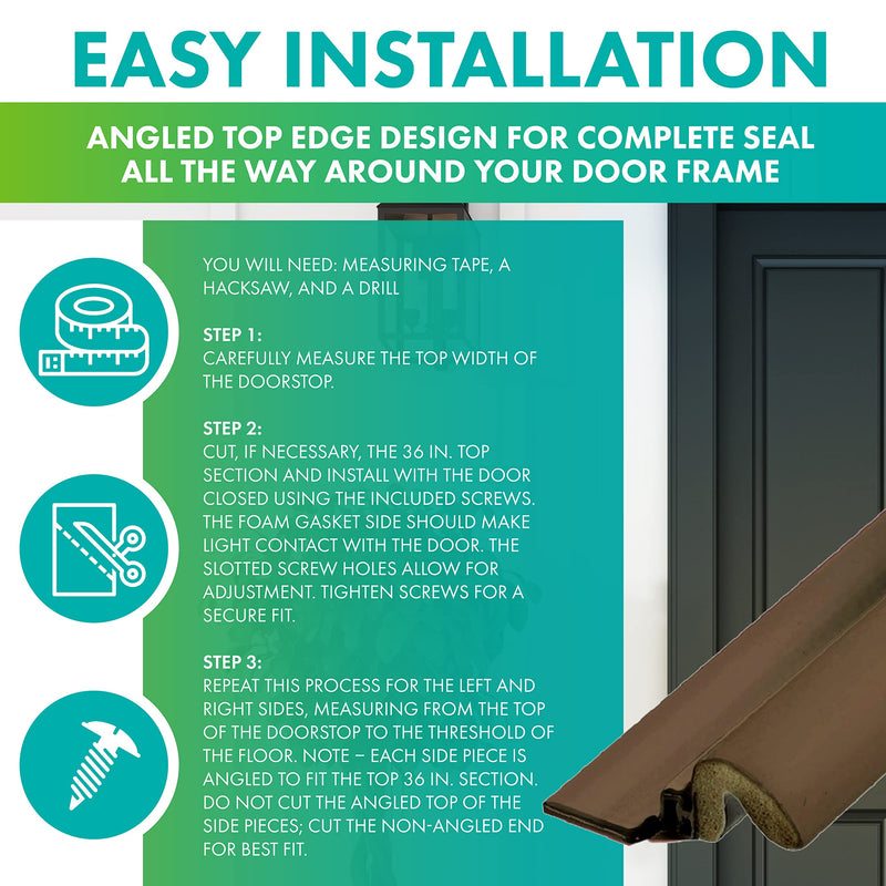 Simply Conserve Premium Screw-On Set Door Weatherstripping with Aluminum Carrier and Foam Gasket in Brown KC600-B | Draft Stopper for Sides and Top | Heavy Duty Foam Weather Stripping Seal 84 inches