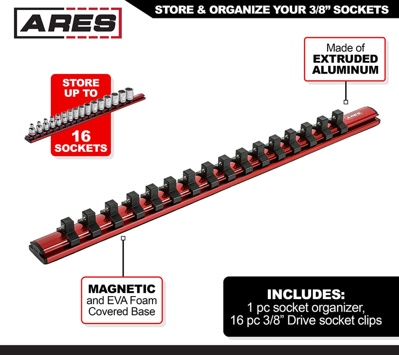 ARES 60128-3/8-Inch Drive Magnetic Socket Organizer - Aluminum Rail Stores up to 16 Sockets and Keeps Your Tool Box Organized Red 3/8-Inch Drive 16.5-Inch Magnetic Socket Rail