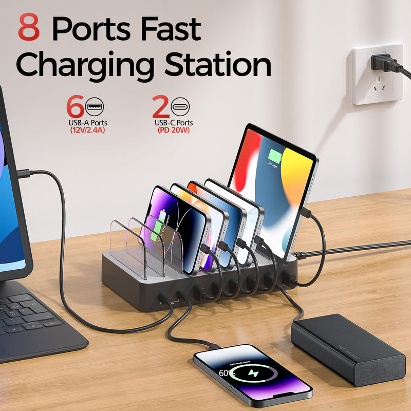 Unitek 8 Port USB Charger Dock - 2 PD 20W USB-C + 6 USB-A Ports Fast Charging Station for iPhone, iPad, Samsung Devices - Black Multi Tablet Holder & Organizer White