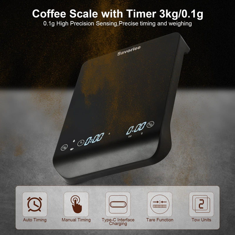 Coffee Scale with Timer,USB Rechargeable 1g/3kg High Precision Accurate Coffee Scale for Drip Espresso and Pour Over Coffee with Auto Tare,Touch Sensor and Silicone Cover (6.6 lbs/3 kg)