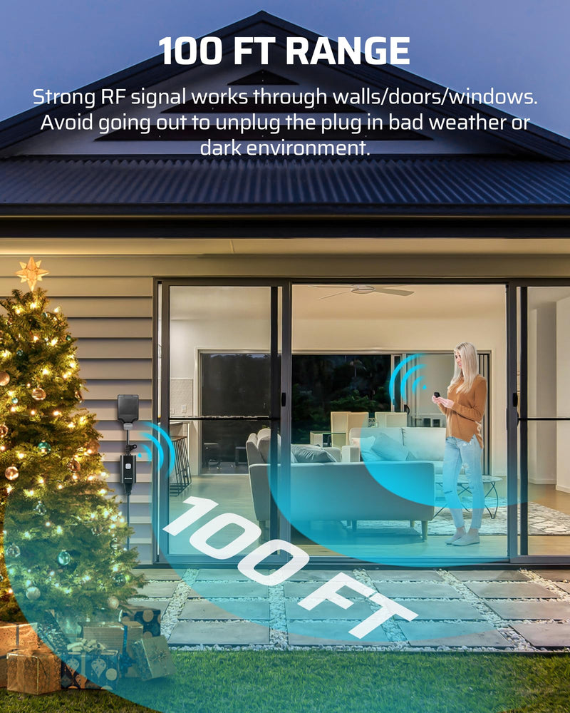 DEWENWILS Outdoor Remote Control Outlet, 15A Wireless Remote Control Switch, 100FT Control Range & 14AWG SJTW Power Cord, Weatherproof for Outdoor Appliances, 1 Remote Control+3 Outlets 3 Outlet Kit