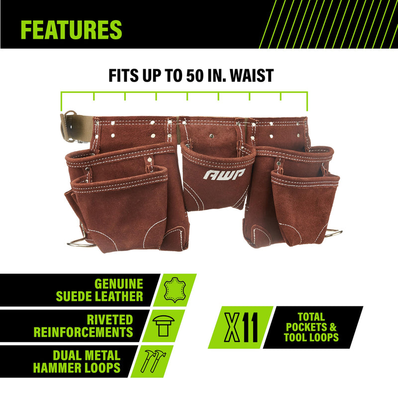 AWP Suede Leather General Construction Tool Pouch Apron | 11-Pocket Tool Organization Work Belt | Brown | Fits Up to 50" Waist Size 50 inches Suede Leather wit Leather Hammer Loops