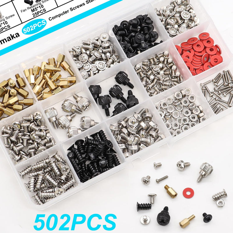 502PCS Computer Screws Assortment Kit, Motherboard Standoffs Screws for PC Fan, PC Case, HDD Hard Drive, ATX Case, Laptop, SSD, CD-ROM, Used for DIY Installation & Repair of Computer Parts
