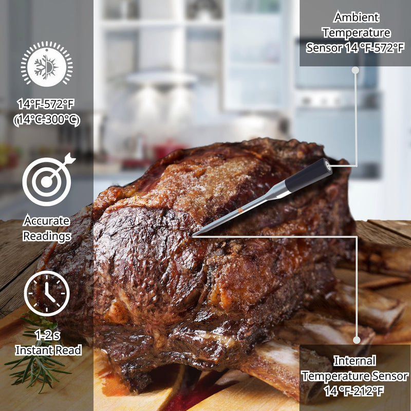Smart Wireless Meat Thermometer - Probe, Booster Battery, IPX7 Waterproof, 1-2s Response, ±1.0°C Precision, 500ft Range - Ideal for BBQ, Kitchen, Grill, Smoker - Bluetooth, Charging Dock, USB C