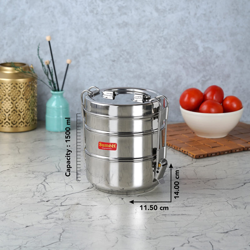 Sumeet Stainless Steel 3 Compartment Lunch Box/Tiffin with Lid and Handle, 11.5Cm Dia, (1500ML, Silver) | Stackable, Traditional Tiffin Container / Dabba with Handle for Office, 11.5Cm Diameter 1500ml 3 Tier