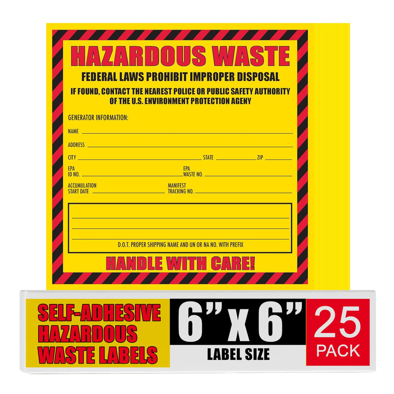 Hazardous Waste Label, 6" x 6", Pack of 25, Yellow and Red Label, Self-Adhesive