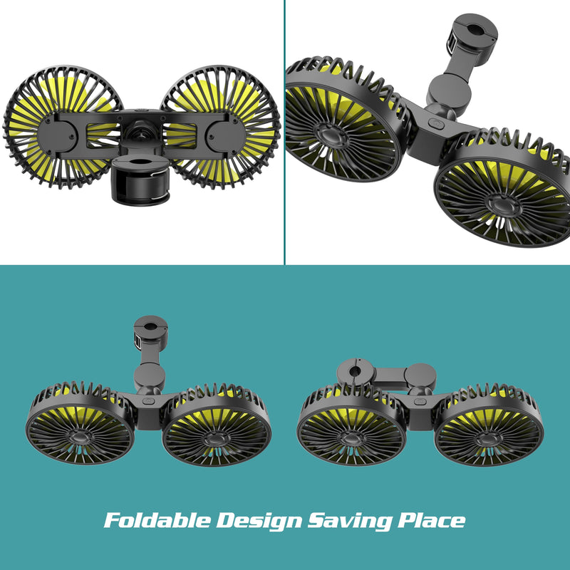 Car Fan for Rear Seat Passenger Dual Head USB Car Seat Fan for Backseat Kids, 360° Rotatable 3 Speeds Air Circulation Fan for Baby, USB Car Fan with Adjustable Clip for Vehicles SUV RV Vehicles USB Backseat Fan