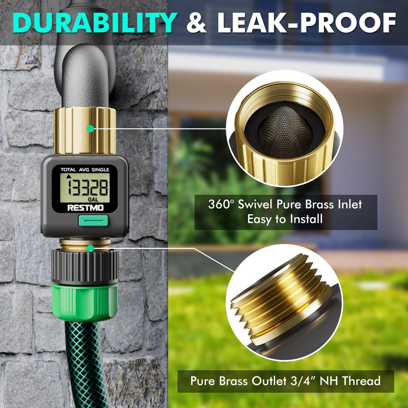 [2 Pack] RESTMO Water Flow Meter, Pure Brass Inlet & Outlet | 4 Measure Modes | Display Gallon/Liter Usage and Flow Rate | Ideal to Outdoor Garden Hose, Lawn Sprinkler Watering, RV Water Tank Filling Gray 2 Pack