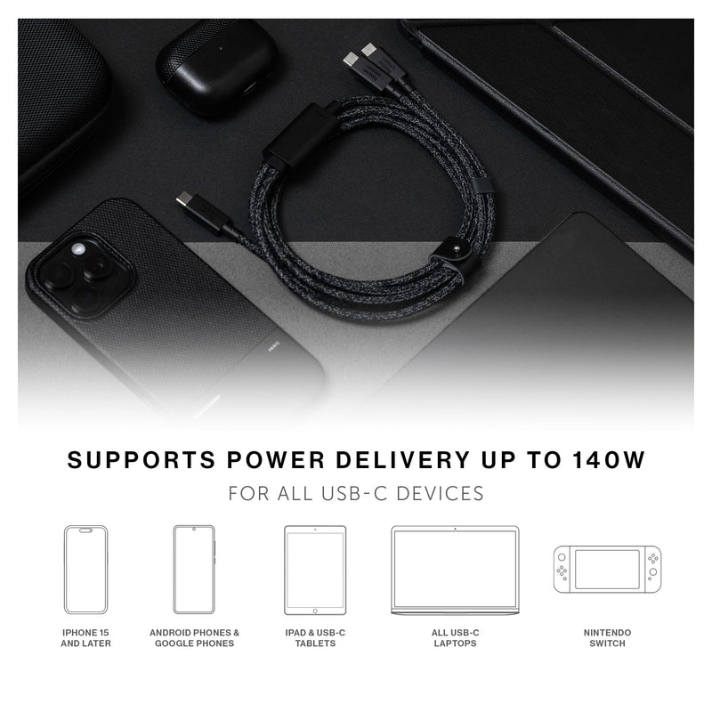 Native Union Belt Cable 2-in-1 – 6.5ft Multi-Device High Speed Charging Cable with Leather Strap for All Type-C Devices – 140W USB-C to Two USB-C Connectors – Made with Recycled Materials (Cosmos) Cosmos