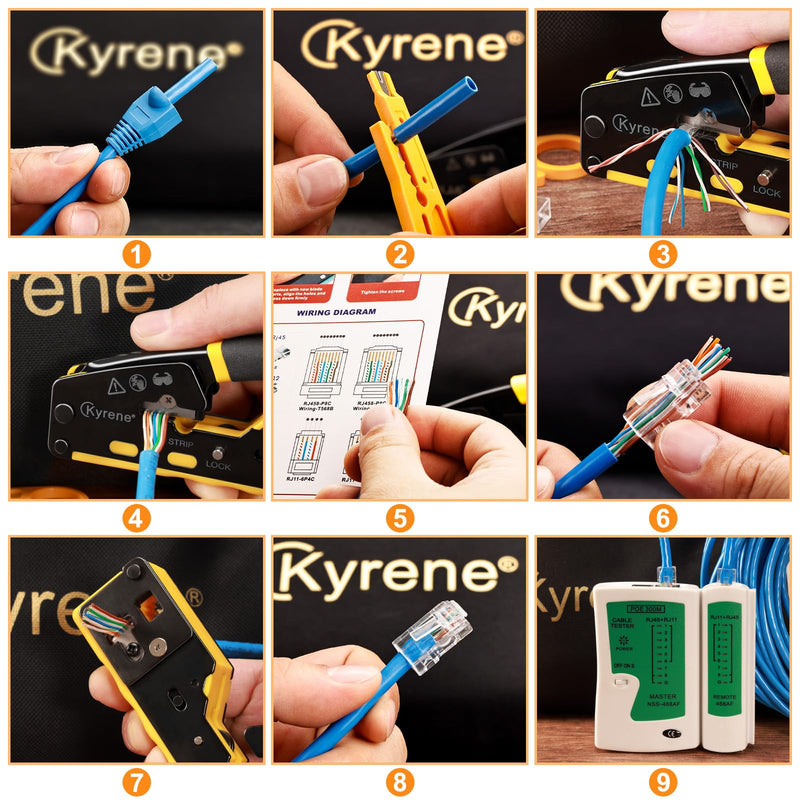 RJ45 Crimp Tool, Ethernet Crimping Tool Kit, Cat5 Cat5e Cat6 Crimping Tool Kit with RJ45 Pass Through Connectors 6088 Kit