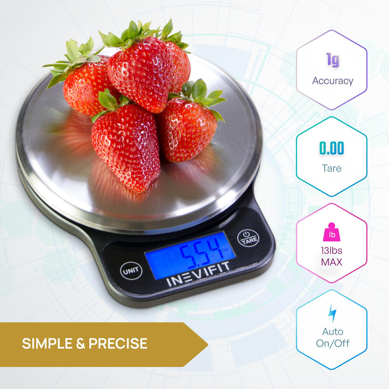 INEVIFIT Digital Kitchen Scale, Highly Accurate Multifunction Food Scale 13 lbs 6kgs Max, Clean Modern Black with Premium Stainless Steel Finish. Includes Batteries Black and Stainless Steel