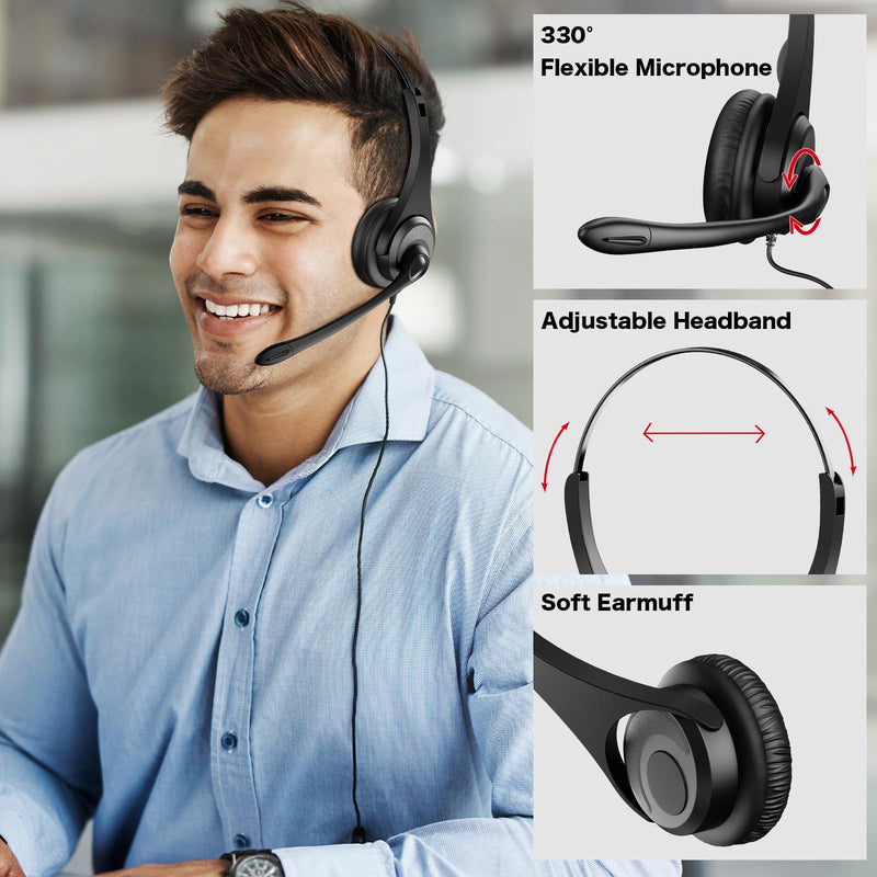 USB Headset with Microphone, Computer USB & Type-C Headphones with Noise Canceling Mic for PC Laptop Wired On-Ear Phone Headsets with Mute for Office, Call Center, Video Meeting, Chat 382