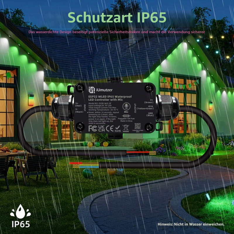 WLED Controller for Outdoor Use with Microphone, ESP32 DC 5-24V Input for Addressable RGB LED Strip WS2811 WS2812B SK6812 WS2815, IP65 Waterproof LED Strip Controller for Outdoor Use