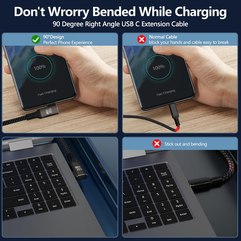 usbc extension cable right angle short 2FT Compatible with Thunderbolt 5/4/3 extender 80Gbps Data Transfer,usbc female to male Cable,8K@120Hz/16K@60Hz Display,90° USB Type C 240W PD3.1 Fast Charging. 2FT/0.6M