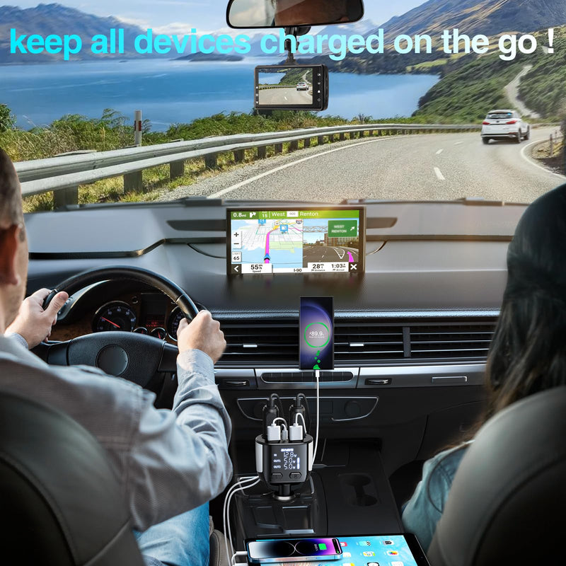 Cigarette Lighter Splitter 2 Socket w Voltmeter, BUVAYE 5 in 1 Fast Charge USB C Car Charger Adapter, Dual Cigarette Lighter Adapters for Cars,12V/24V Car Plug in Adapter Outlet for Dash Cam GPS Phone