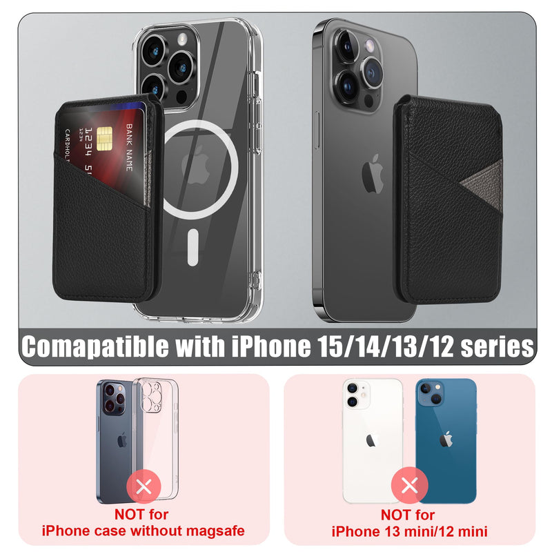 Arae Magnetic Phone Wallet, Compatible with MagSafe Wallet, for Apple iPhone 15/14/13/12 Series, Adjustable Stand with 4 Card Holder,RFID Blocking, PU Leather,Black Black