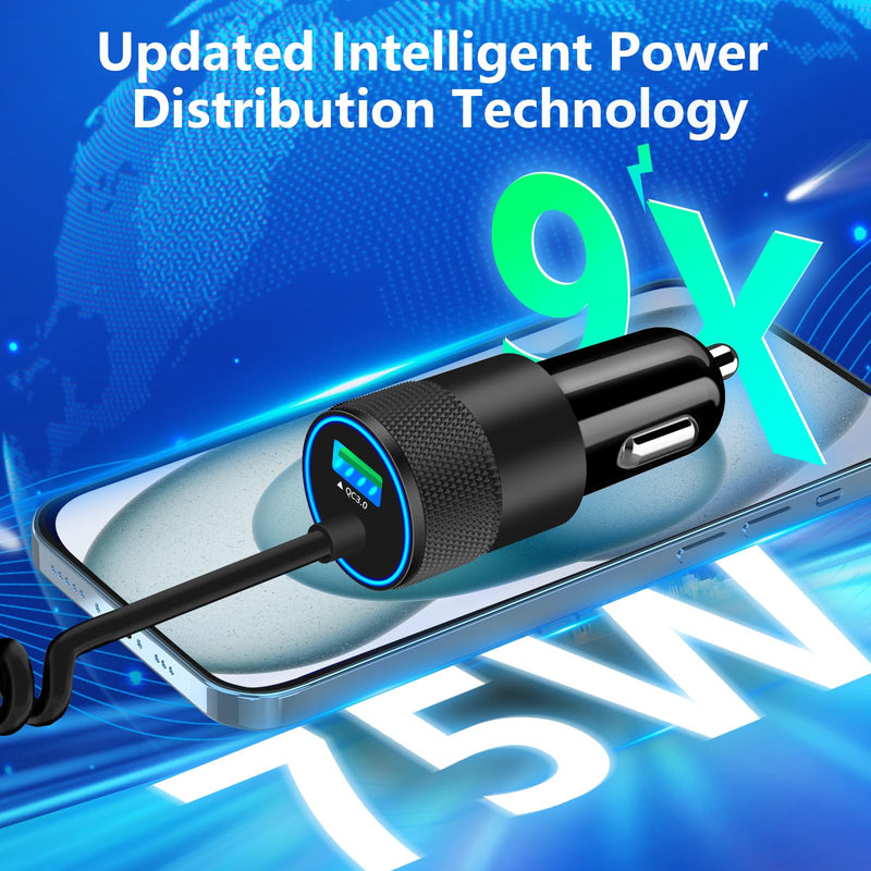 【MFi Certified】iPhone 15 Car Charger Fast Charging, Braveridge 75W USB-C PD&QC Car Power Cigarette Lighter USB Car Charger + 6FT Type-C Coiled Cable for iPhone 15 Pro/15 Pro Max, Galaxy S24/S23, Pixel Platinum Black(75W PD+QC3.0)