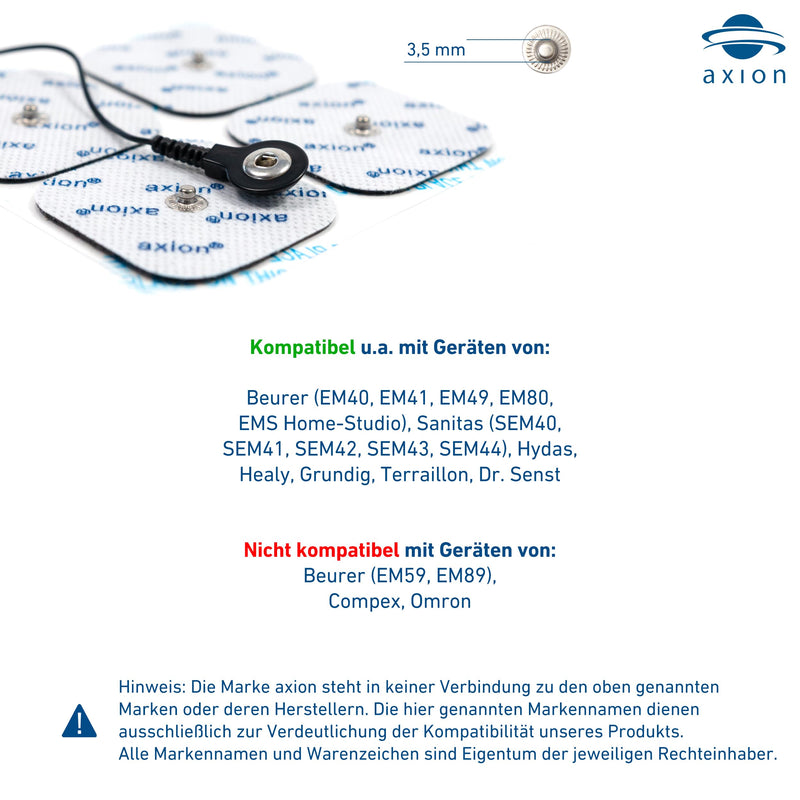 Compatible electrodes SANITAS BEURER BOOTS - 8TENS & EMS pads for electrostimulation machines - 3.5mm button - axion brand quality | Compatible with Beurer TENS device and EMS muscle stimulator (eg EM49, EM56) & Sanitas (eg SEM43, SEM44). Reusable