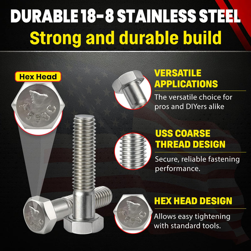 Chenango Supply 3/8-16 x 1-1/2" Stainless Steel Hex Head Bolts – 304 Stainless, USS Coarse Thread, 100,000–125,000 PSI Tensile Strength, Corrosion-Resistant Hardware Bolts, (25 Pieces, 3/8-16 x 1.5) 3/8-16 X 1-1/2"