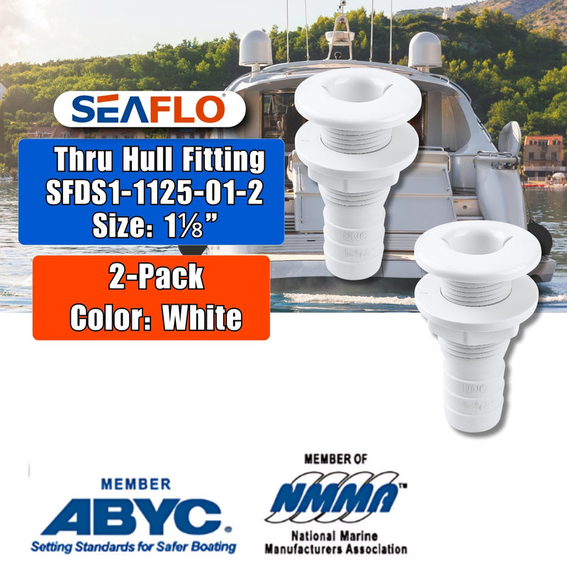 SEAFLO Thru Hull Fitting, Marine Boat, Plastic Drain Overflow Connector, Corrosion Resistant Saltwater Safe, Bilge Port Deck Outlet,(⅝,¾,1,1⅛,1¼,1½, & 2" Options)(1,2,5, &10 Packs)(White/Black) 1⅛” White 5