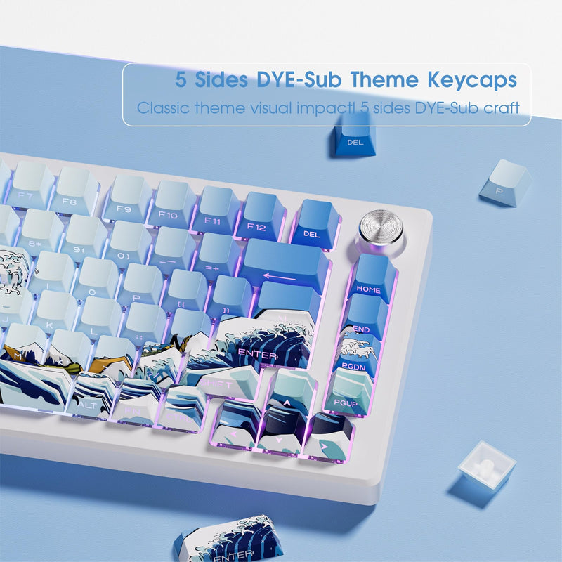HITIME XVX Shine Through Keycaps, Side Print PBT Keycaps 75 Percent Dye Sub, 131 Keys Cherry Profile Custom Keycaps 60 Percent, Wave of Kanagawa Double Shot Keyboard Key caps for Mechanical Keyboards Blue Kanagawa Theme