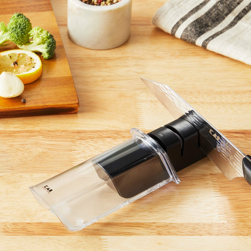 Kai PRO Ceramic Diamond Pull Sharpening System, 3 Step Retractable Sharpener for Straight, Double-Bevel Blades, Knife Sharpener for Professional and Home Chefs