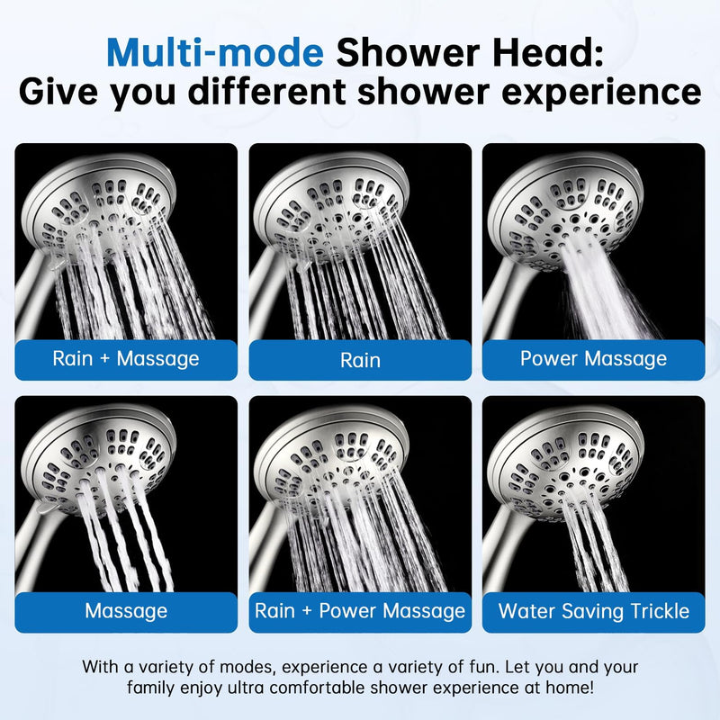 G-Promise High Pressure Shower Head 6 Spray Setting with Adjustable Solid Brass Shower Arm Mount and Extra Long Flexible Stainless Steel Hose (Brushed Nickel) Brushed Nickel