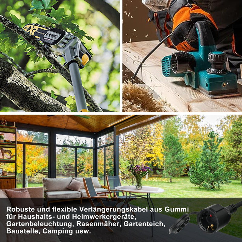 Outdoor Extension Cable 2 m for Outdoor Use, Rubber Extension Power Cable with Schuko Plug, IP44 Extension Cable, 3G 1.5 mm² Cable, Outdoor Electric Cable, with Protective Cap, 3500 W, Black