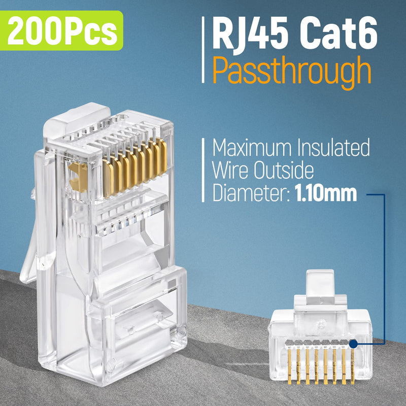 GTZ Cat6 RJ45 Pass Through Connector 200-Pack - EZ Cat 6 Pass Through RJ45 Connectors - cat 6 connectors - Ethernet Connector - Ethernet Plug - for Solid or Stranded UTP Network Cable