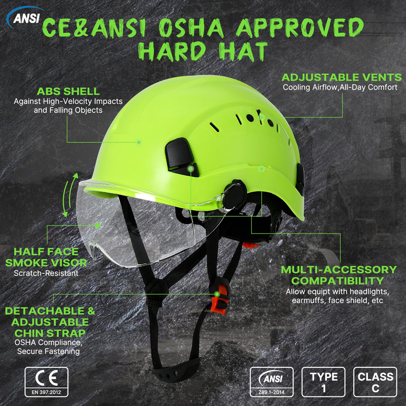 AOLAMEGS Construction Hard Hats with Visor - OSHA Approved Construction Hardhat with Chin Straps Green Hard Hat with Clear Visor