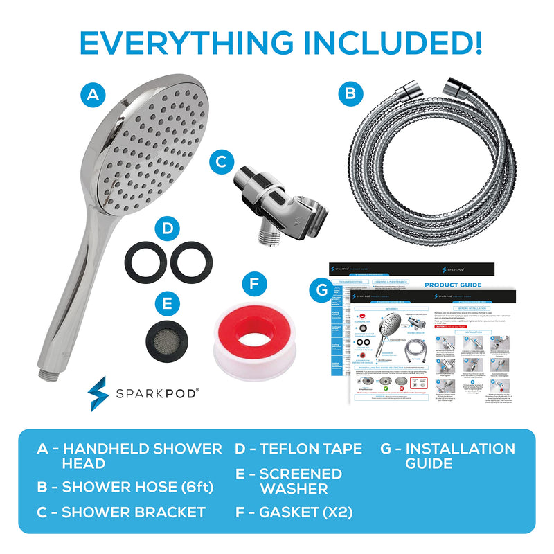 SparkPod High Pressure Handheld Shower Head with Hose- Huge 6-Inch Face- Rain Shower with Extra Long 6 ft. Hose and Premium Adjustable Bracket- Luxury Design -Tool-less 1-Min Installation (Chrome) 1 Function - Full Set