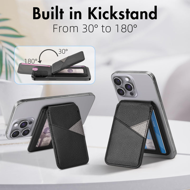 Arae Magnetic Phone Wallet, Compatible with MagSafe Wallet, for Apple iPhone 15/14/13/12 Series, Adjustable Stand with 4 Card Holder,RFID Blocking, PU Leather,Black Black