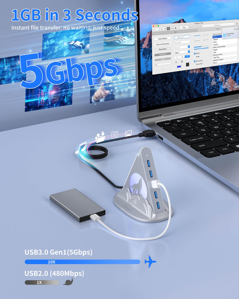 USB Hub 3.0, 7-Port USB Hub with RGB Night Light and Base, Vertical USB a Splitter for Desktop,Laptop, MacBook, Xbox, PS4/5, Game Console, Flash Drive, XPS, PC, Printer, Camera, Keyboard (Silver+Base) 2ft Silver