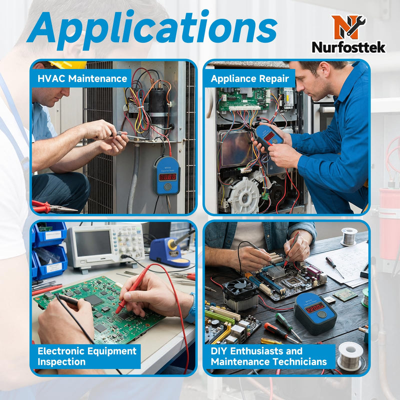 MFD10 Digital Capacitor Tester, 0.001-9999 μF Range, 5% Accuracy | LED Display, Portable for HVAC Home Appliance&Electronic Repair, Includes Magnetic Wires, Alligator Clips & Soft Tool Kit