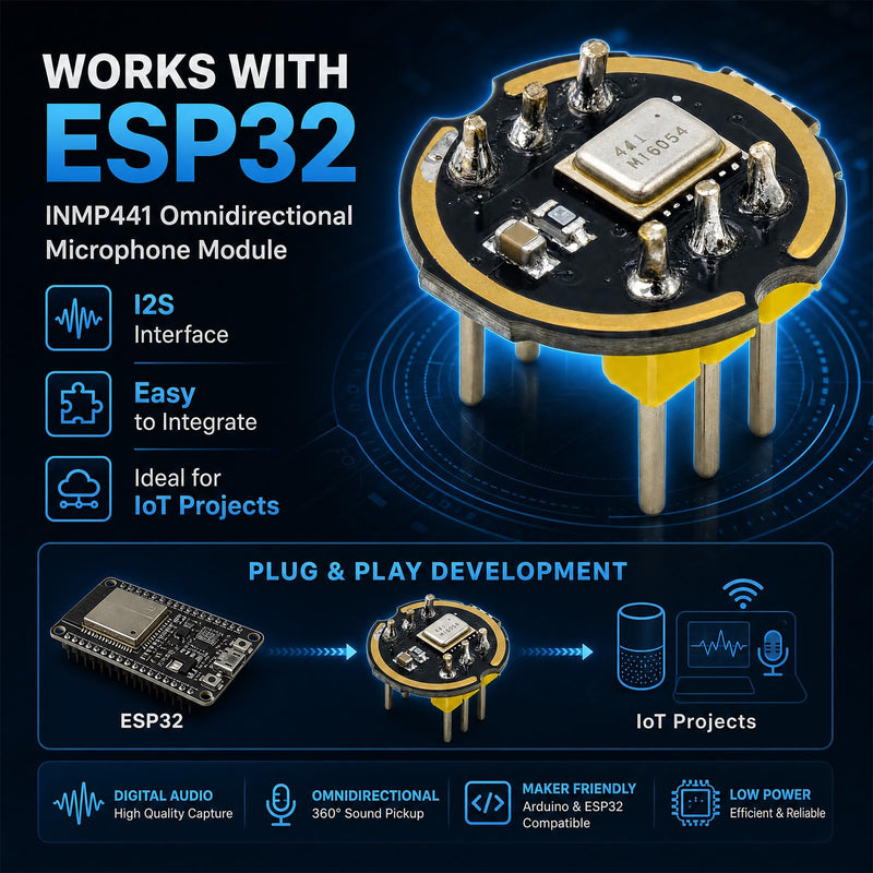 INMP441 Microphone Module, Pack of 3 INMP441 Omnidirectional Microphone | 24-bit I2S MEMS interface, digital output, high precision, compatible with ESP-32 Arduino, with 10 pin jumper cable