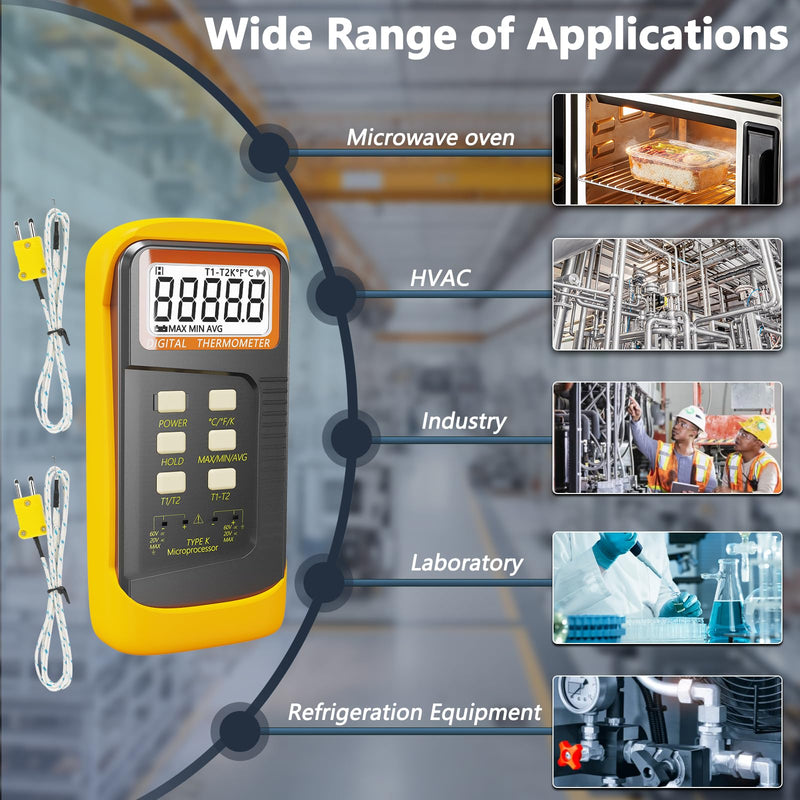 Handheld Thermocouple Thermometer, 2 Channels K Type Thermocouple Probe and 4 Thermocouples, Measuring Range -50°C to 1370°C(-58°F to 2498°F),Contains 2 Stainless Steel K Type Thermocouples 6802-02