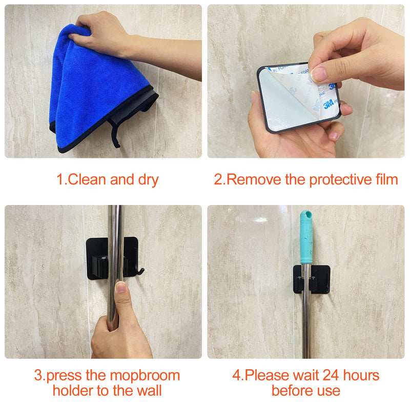 Relota Pack of 6 broom holders wall self-adhesive, device holder wall mount 304 stainless steel, hook broom holder without drilling, mop holder, garden tool holder for kitchen, cupboards, garage, garden (black).