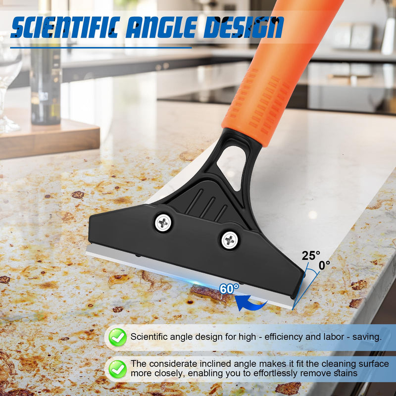 Razor Blade Floor Scraper with Long Handle, 4 Inch Floor Scraper Tools Heavy Duty with 10PCS Extra Metal Blades,Paint Scrapers for Cleaning Wall Glass Floor Paint Gum Stains Stickers Linoleum Orange