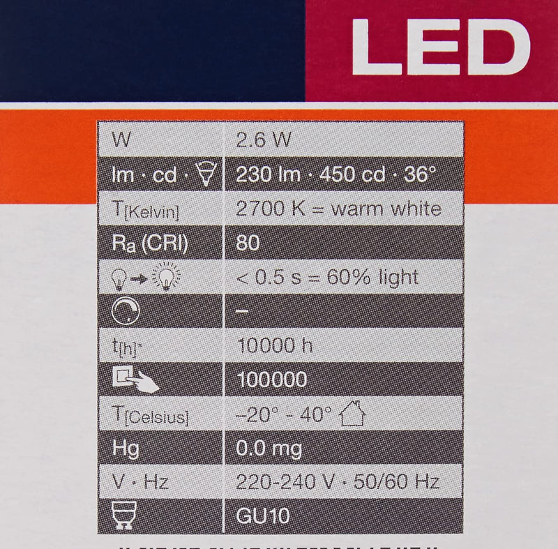 OSRAM LED Star Value PAR16 reflector lamp with 36 degree beam angle, GU10 base, 2.6 watts, warm white (2700K), replacement for conventional 35 watt spot lamps, pack of 1 single pack 35W replacement