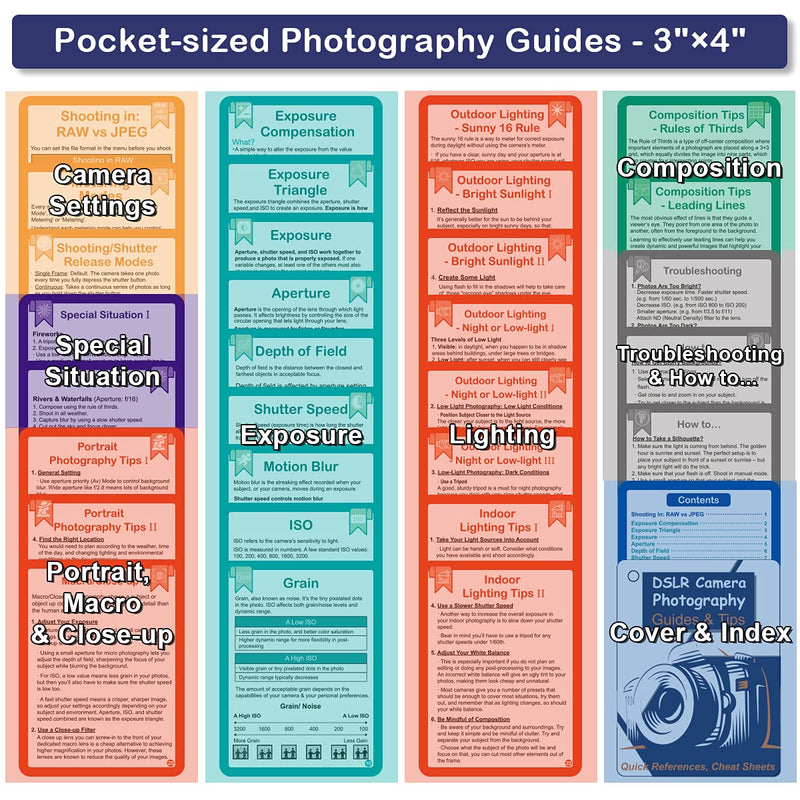 DSLR Cheat Sheet for Canon, Nikon, Sony, Camera Accessories Quick Reference Cards Photography Guides & Tips: Settings, Exposure, Modes, Composition, Lighting etc 4×3 inch Dslr Reference Cards
