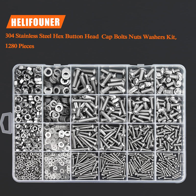 HELIFOUNER 1280 Pieces M2 M3 M4 M5 304 Stainless Steel Button Head Socket Cap Metric Screws Bolts Washers Nuts Hardware Assortment Kit with Hex Wrenches M2 M3 M4 M5 Button Head Socket Cap Screws Silver
