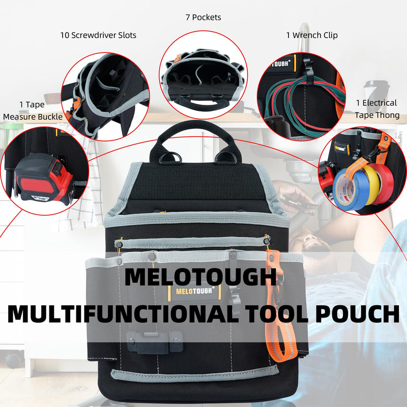 MELOTOUGH Electrician Tool Pouch Tool Belt Pouches Multiple Pockets Tool Organizer for Technician, Maintenance, HVAC Larger Electrician Pouch Black+Grey