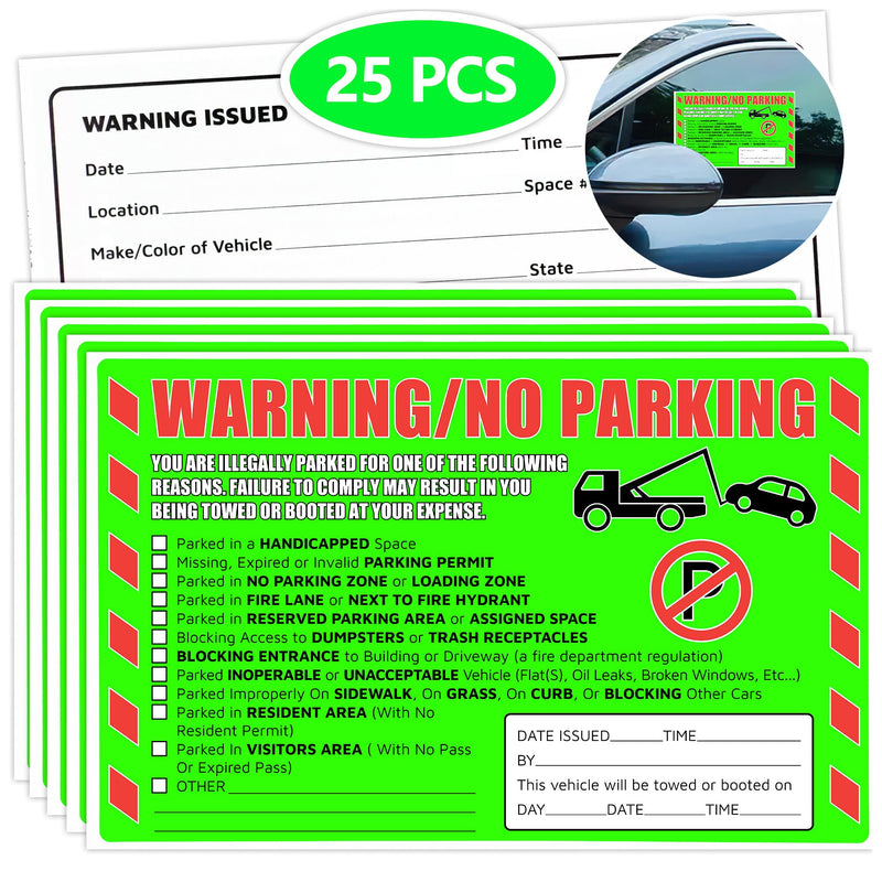 Parking Violation Stickers 25 Pcs Fluorescent Green You are Illegally Parked Multi Reasons Hard to Remove Tow Warning Private Parking Warning Sticker for Car Windows