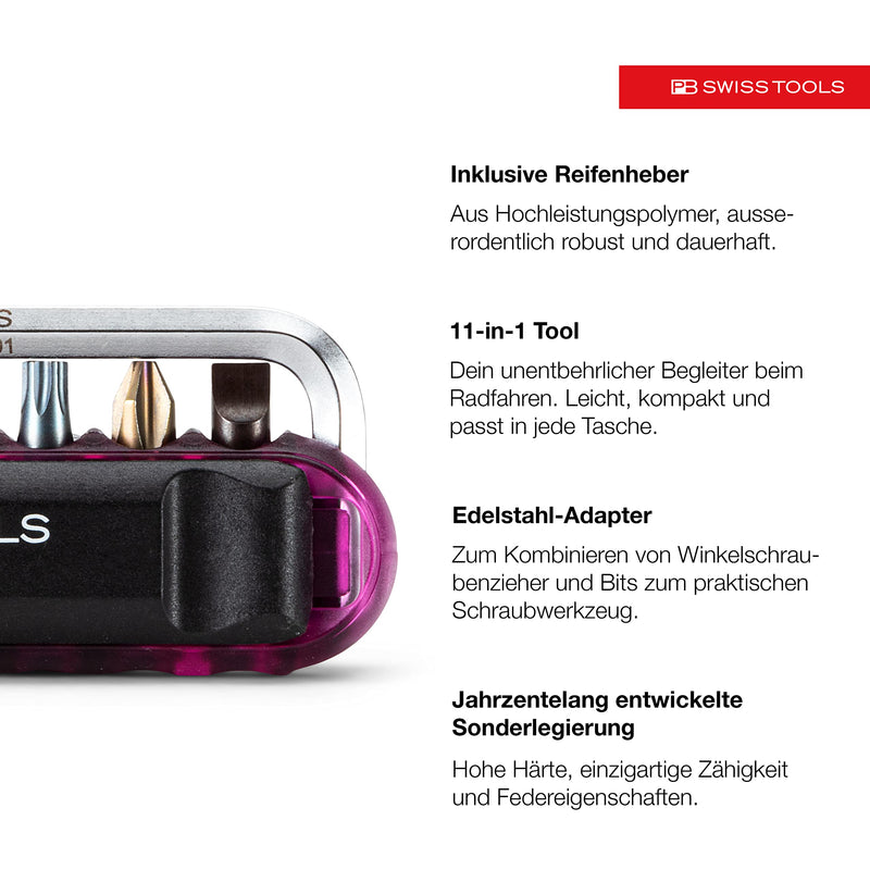 PB Swiss Tools Bike Multitool PB 470 | 100% Swiss Made | Pocket Tool with Bits, Allen Key, Steel Adapter, Tire Lever for Mountain and Road Bike, Bicycle, E-Bike (Purple) Purple