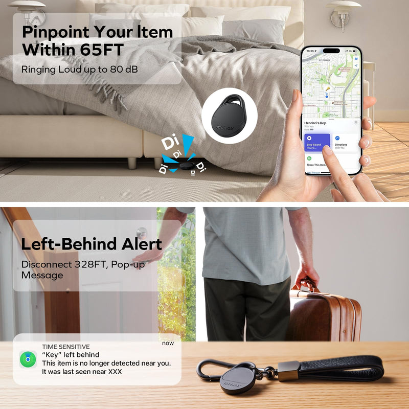 Momax Tracker Electronics Key Finder Luggage Tracker Smart Tag for Key, Backpack, Wallet, Pets Works with Apple Find My (iOS Only) and Global Search Range Include DIY Personalized Stickers Black