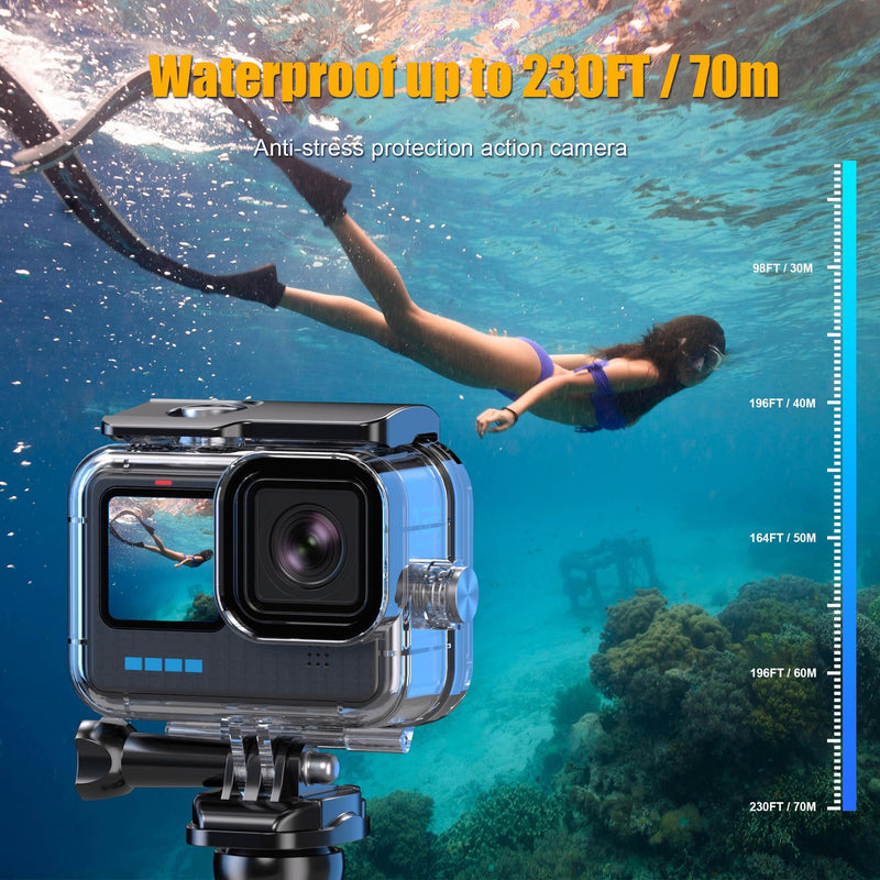 Waterproof Case with Dive Filters for Go Pro Hero 12 Black/Hero 11 Black/Hero 10 Black/Hero 9 Black, 230 FT/70M Underwater Protective Housing Dive Kit, Professional Action Camera Dive Accessory