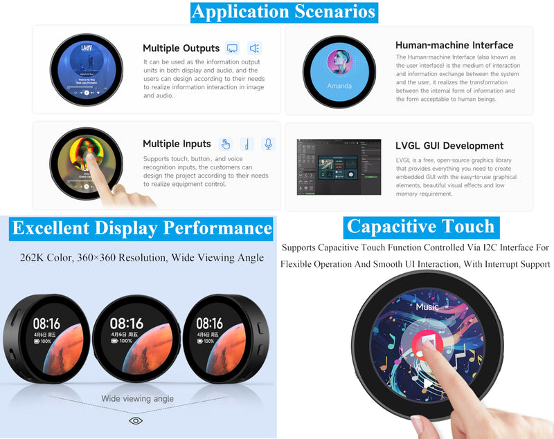 ESP32-S3 with 1.85inch Touch Round LCD Development Board, 360x360, Supports Wi-Fi & BLE 5, AI Speech, Smart Speaker Box,Supports AI Speech Interaction and Offline Voice Control, with 8Ω 2W Speaker