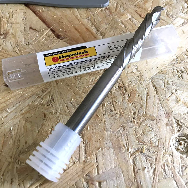 Sinoprotools spiral groove cutter 8 mm shank/solid carbide CNC spiral cutter/32 mm cutting length end mill/CNC cutter router/compression cutter double-edged for wood (2+2 flutes) 8x32x75mm