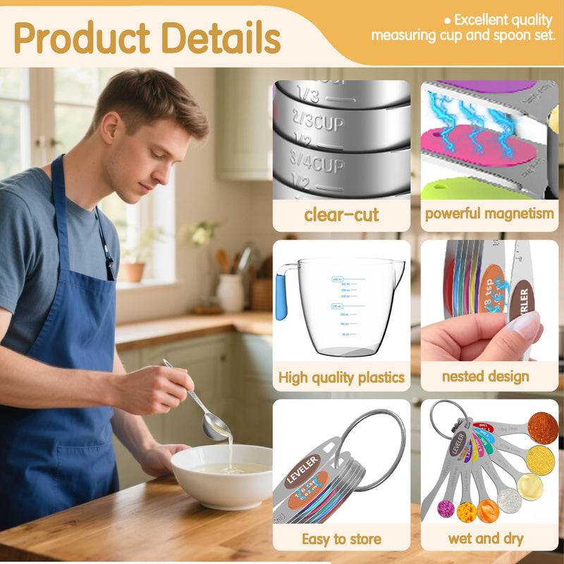 Stainless Steel Measuring Cups and Spoons Set of 20, 7 Nesting Measuring Cups, 7 Spoons & 1 Leveler, 5 Mini Spoons, Kitchen Gadgets for Cooking & Baking Silver